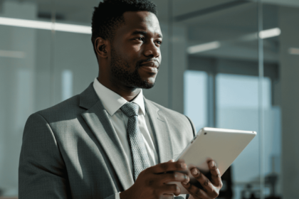 a man in a suit holding a tablet during a business meeting