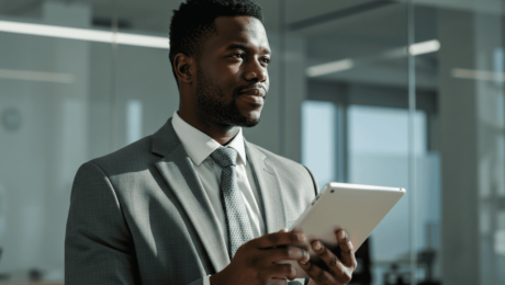 a man in a suit holding a tablet during a business meeting