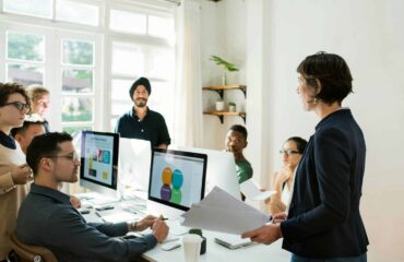 a group of people in an office