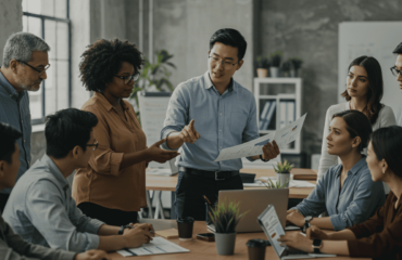 a group of people in a meeting