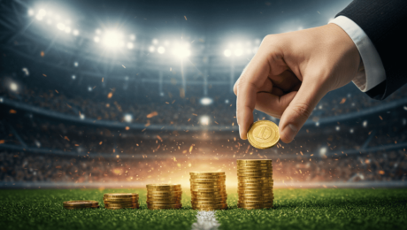 a hand putting a coin on a stack of coins in a soccer field